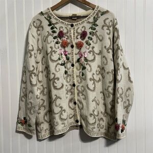 VTG So Forth Cardigan 1X Plus‎ Ribbon Floral Embroidery Wool Blend Grandmacore